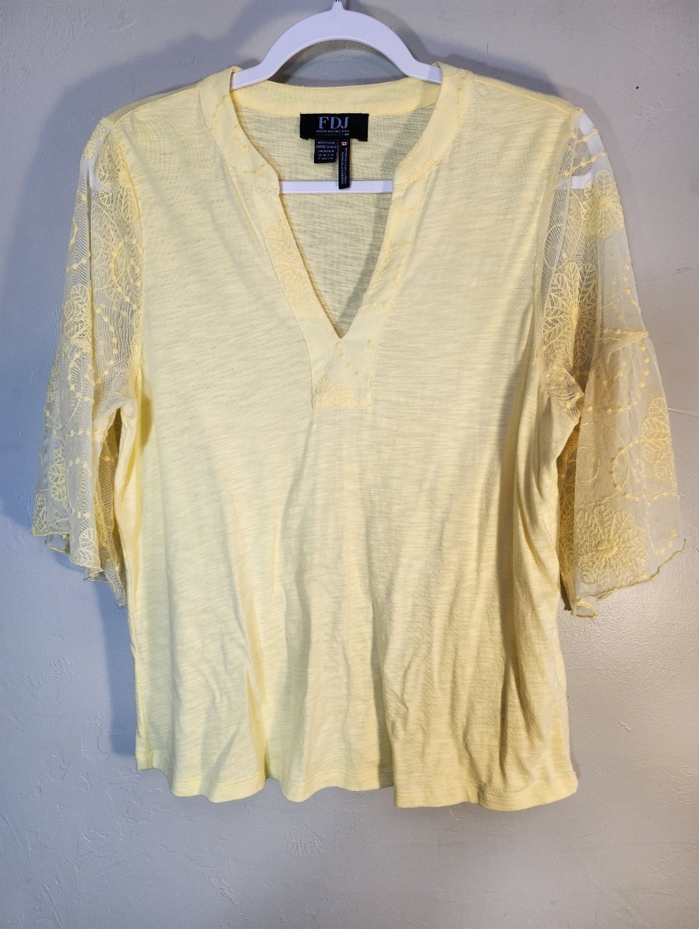 FDJ Soft Yellow Lace-cotton Sleeve Women's Top